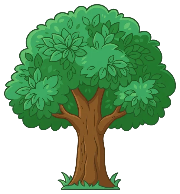 Green leafy tree with brown trunk and grass base