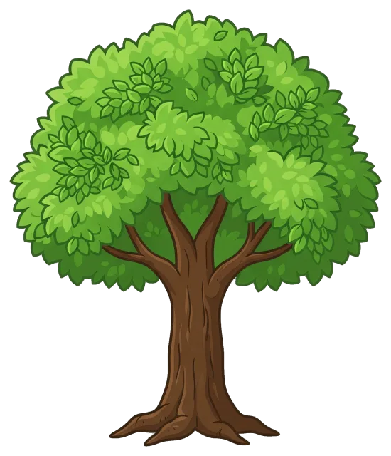 Green leafy tree with brown trunk on grey background