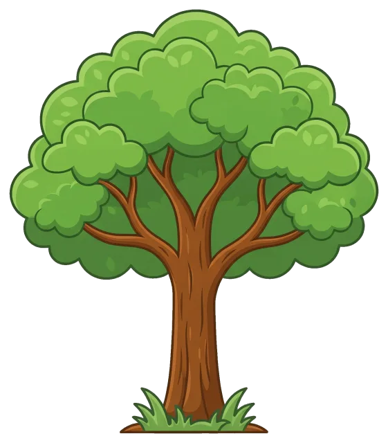 Green leafy tree with brown trunk on grey background