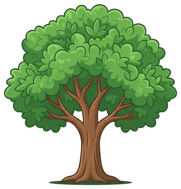 Green leafy tree with brown trunk on grey background