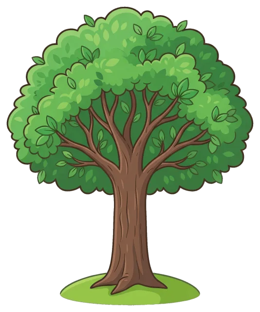 Green leafy tree with thick trunk on grass patch