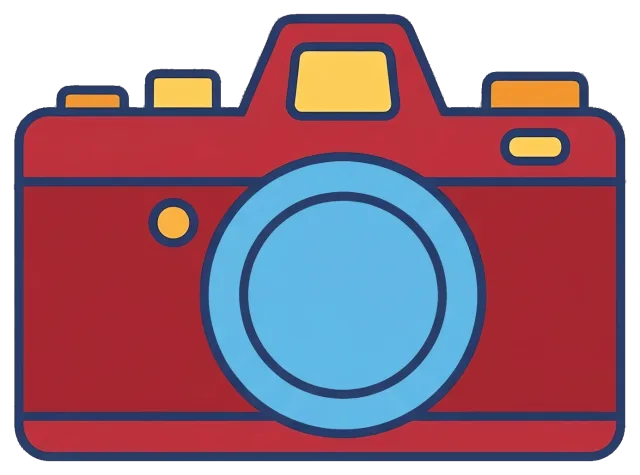 Red and blue camera icon with yellow details