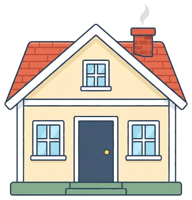 Simple cartoon house with chimney and three windows