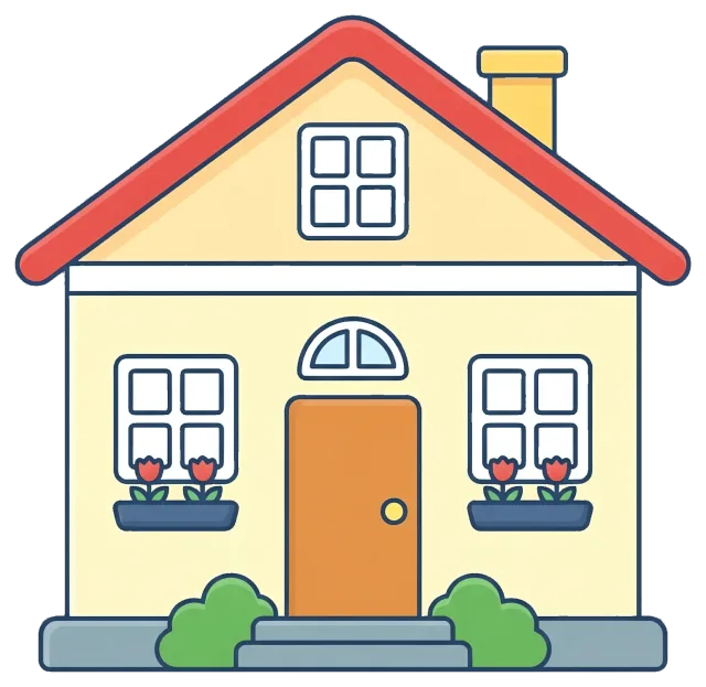 Simple house with red roof and flower boxes on grey background