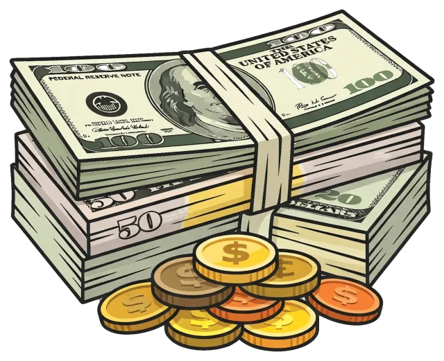 Cartoon stacks of US dollar bills and coins