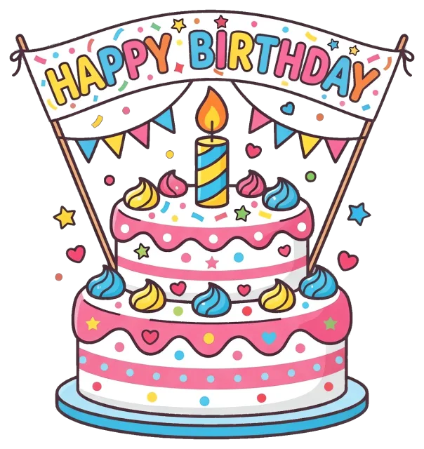 Colorful Happy Birthday Cake with Candle and Banner