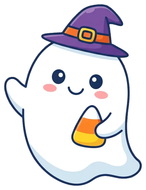 Cute Halloween Ghost Wearing Witch Hat Holding Candy Corn
