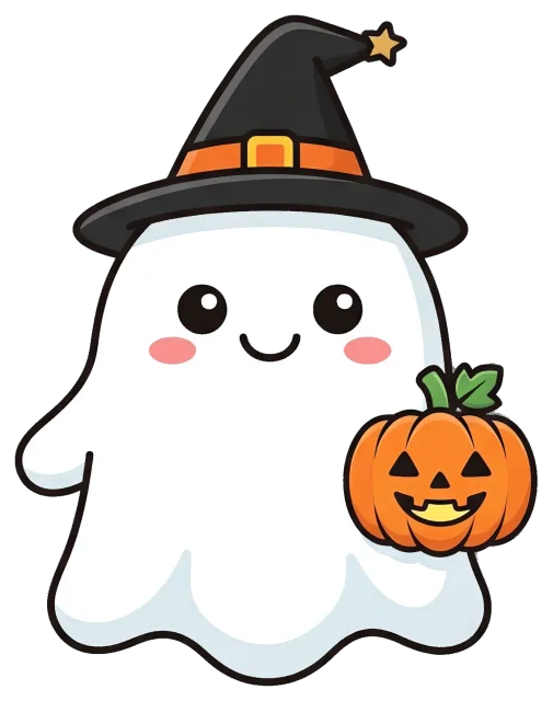 Cute Halloween ghost wearing witch hat holding jack-o-lantern