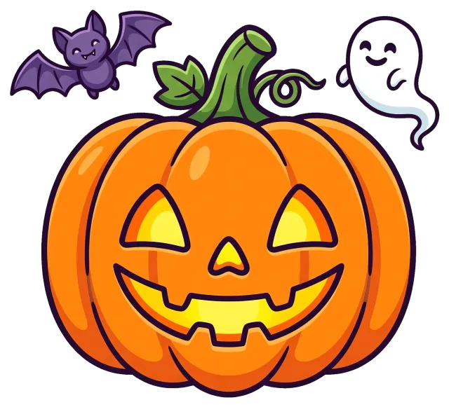 Cute Halloween pumpkin with bat and ghost