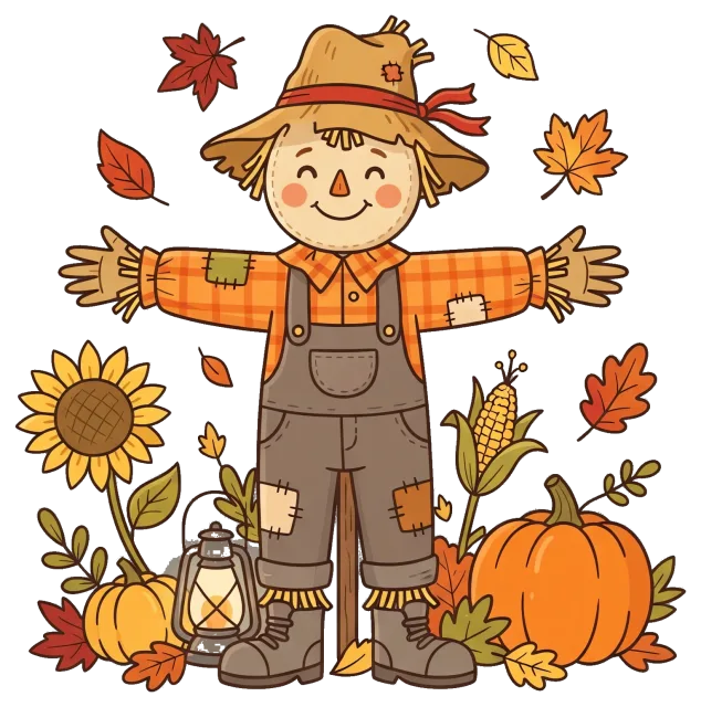 Fall Scarecrow with Pumpkins, Corn, Sunflower, and Autumn Leaves