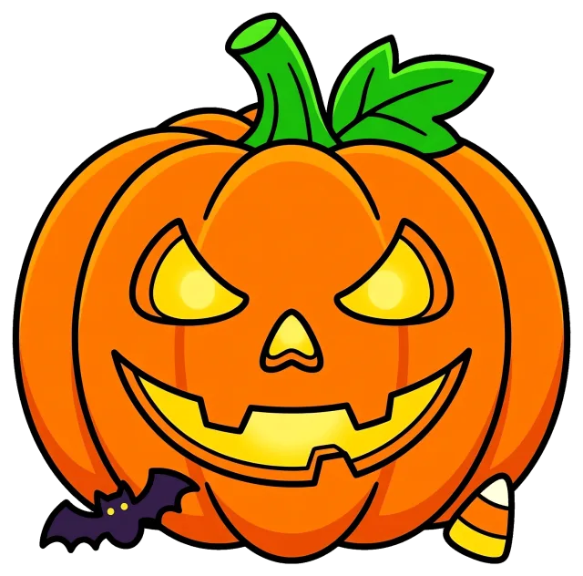 Halloween cartoon jack-o'-lantern with bat and candy corn