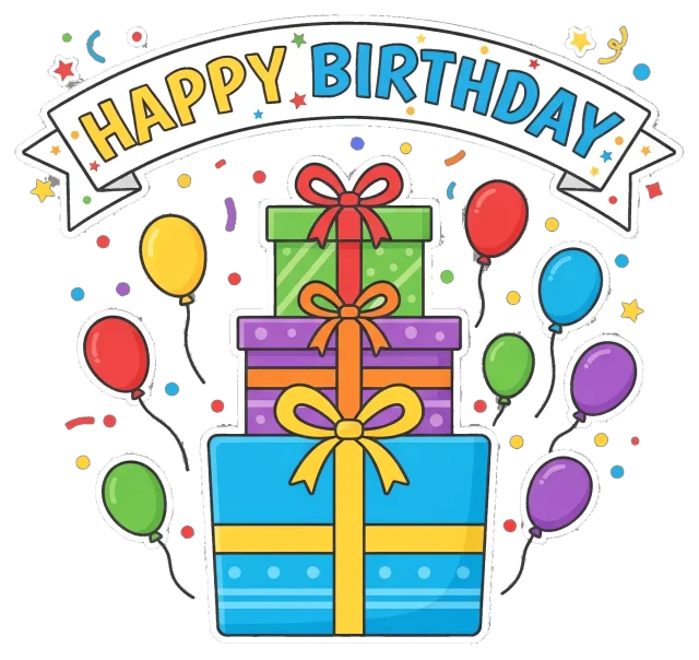 Happy Birthday Banner with Colorful Gift Boxes and Balloons