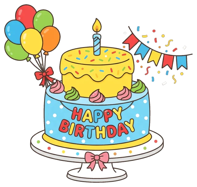 Happy Birthday Cake with Balloons and Banner