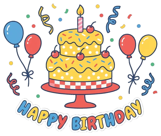Happy Birthday Cake with Balloons and Confetti