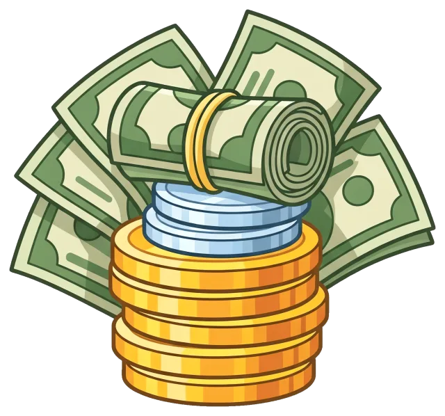 Money clipart with stacked coins and rolled dollar bills