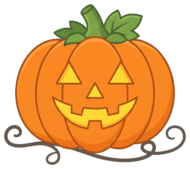 Smiling Halloween Jack-o'-Lantern Pumpkin with Green Leaves