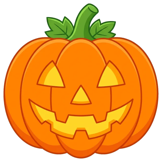 Smiling Jack-o'-lantern Pumpkin with Green Stem and Leaves