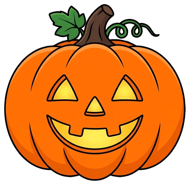 Smiling Jack-o'-Lantern Pumpkin with Leaf and Vine