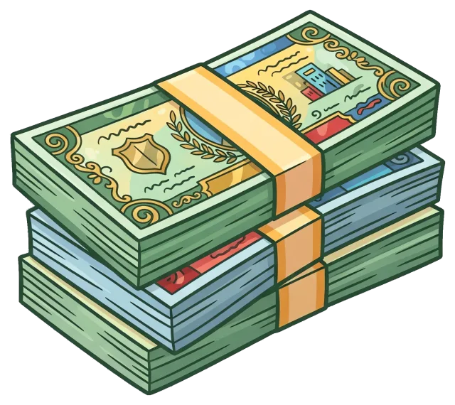 Stack of cartoon money bundles with decorative designs