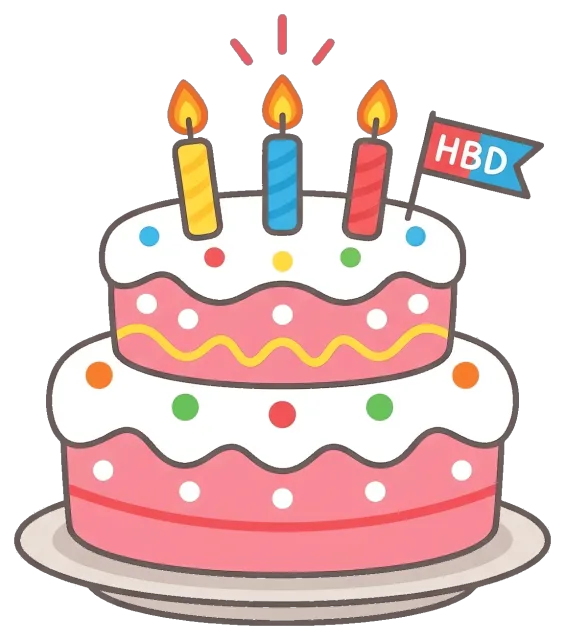 Two-tier birthday cake with candles and HBD flag