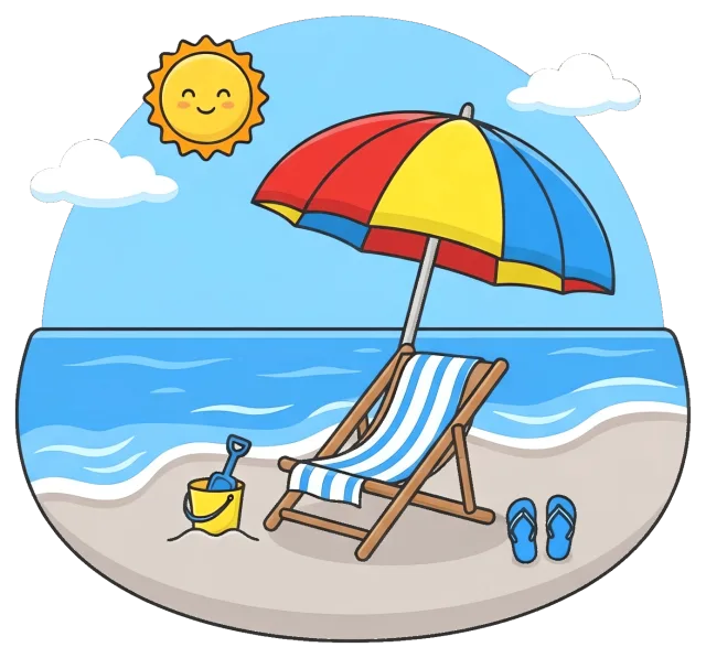 Beach scene with deck chair, umbrella, and sunny sky
