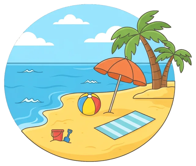 Beach scene with palm trees, umbrella, and beach toys