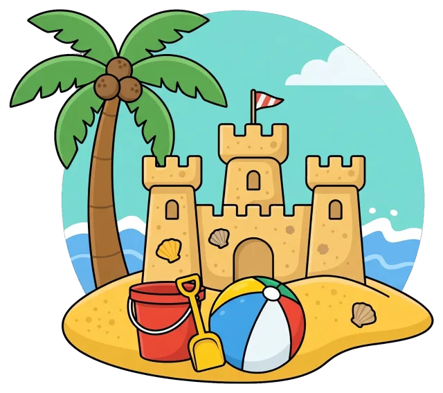 Beach scene with sandcastle, palm tree, bucket, shovel, and beach ball