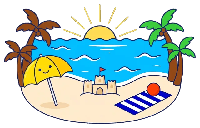 Beach scene with sun, sandcastle, umbrella, and palm trees