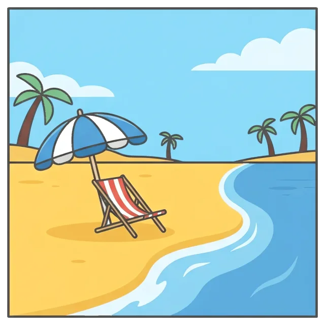 Beach scene with umbrella and lounge chair by the water