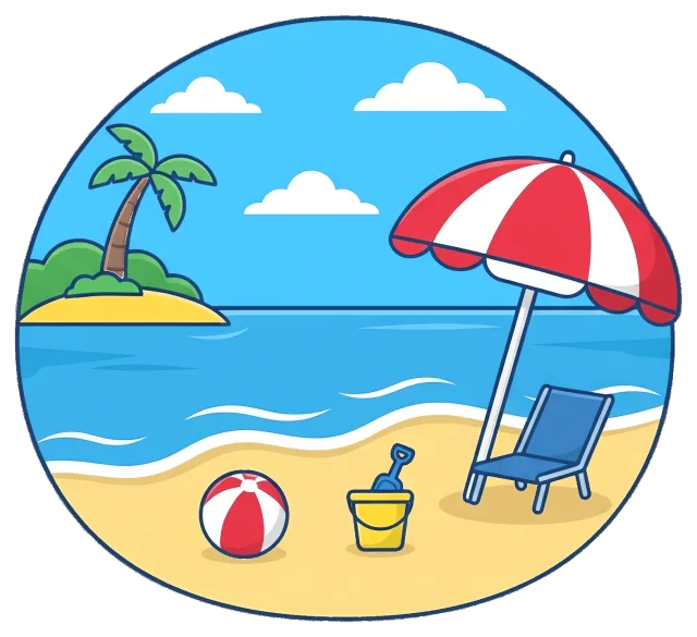 Beach scene with umbrella, chair, ball, and palm tree