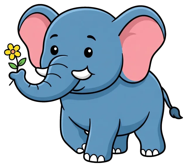Cute blue elephant holding a yellow flower