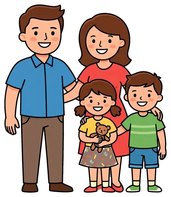 Happy cartoon family with parents and two children