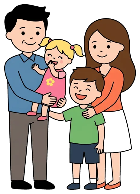 Happy cartoon family with parents and two children