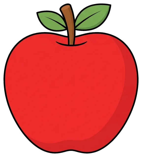 Red apple with green leaves and brown stem