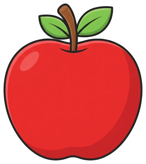 Red apple with green leaves and brown stem
