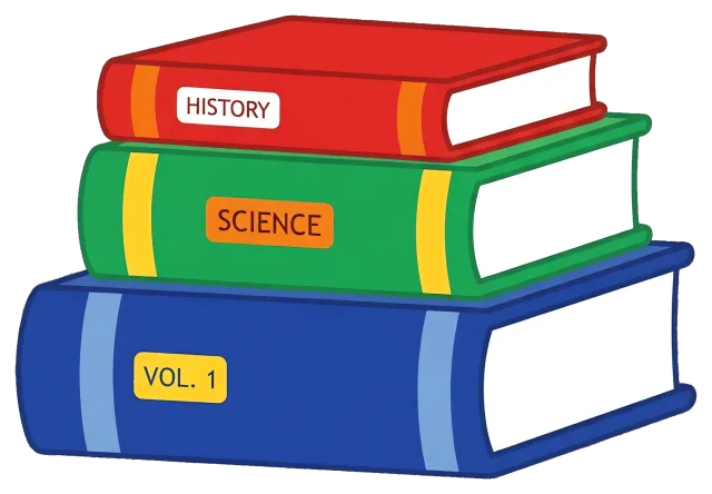Stack of Books Labeled History Science and Volume 1