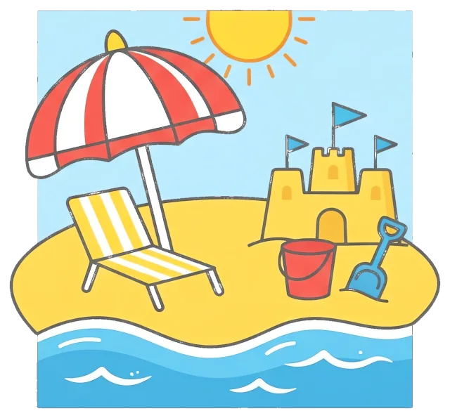 Beach scene with umbrella, chair, sandcastle, and sun
