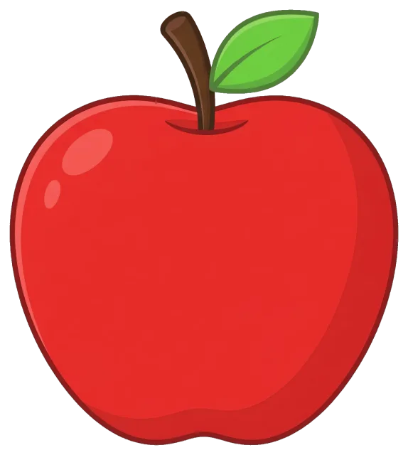 Red apple with green leaf and brown stem cartoon style