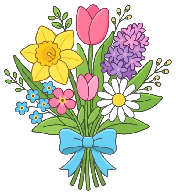 Spring bouquet with colorful flowers and blue ribbon