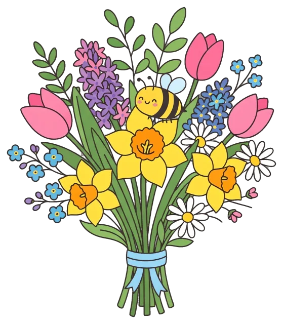 Spring bouquet with flowers and a smiling bee