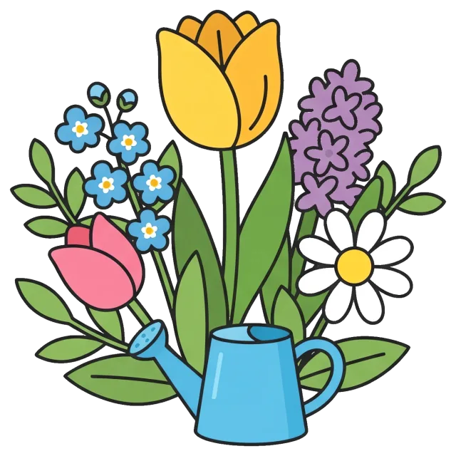 Spring flowers bouquet with blue watering can