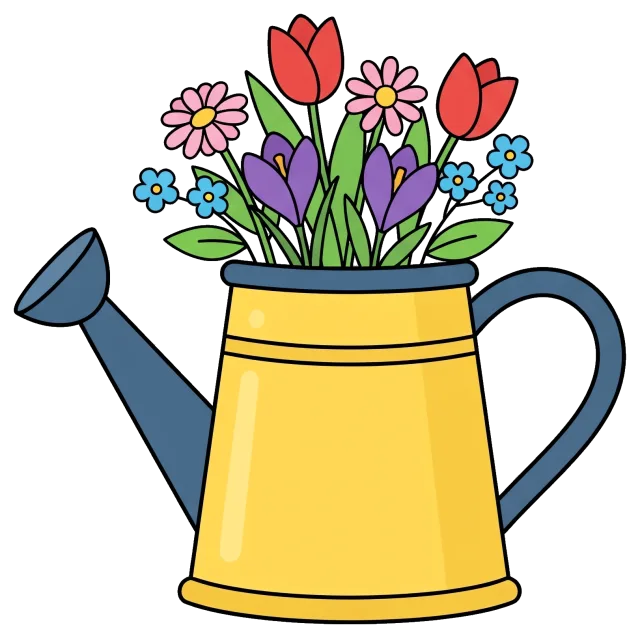 Spring flowers in yellow watering can