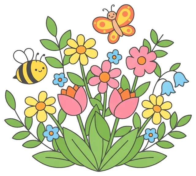Spring flowers with bee and butterfly cartoon design
