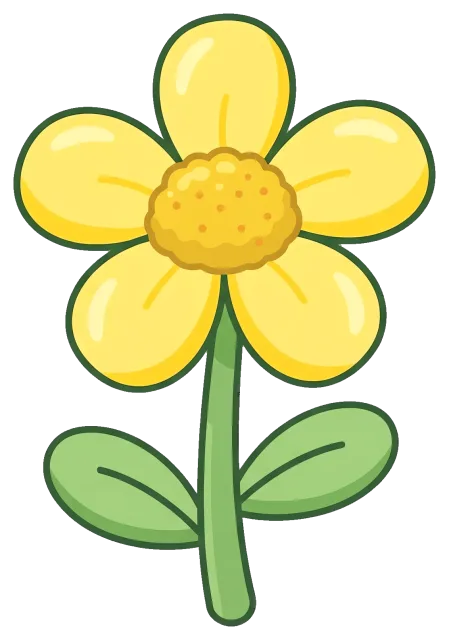 Yellow spring flower with green leaves cartoon