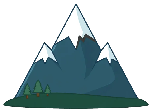 Cartoon mountain with snow-capped peaks and pine trees