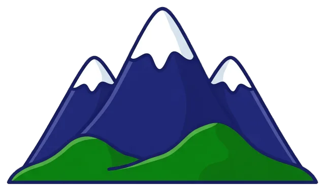 Cartoon mountain with snow caps and green hills