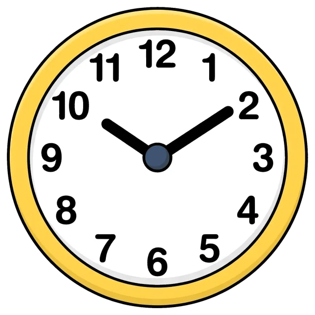 Cartoon style clock showing 10:10 with yellow frame
