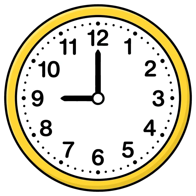 Cartoon style clock showing 9 o'clock with yellow frame