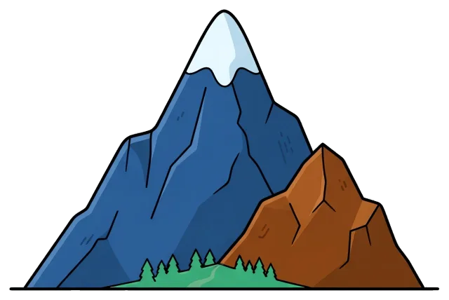 Cartoon Style Mountain with Snowy Peak and Trees