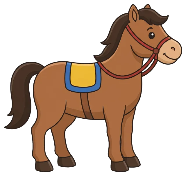 Centered cartoon horse with saddle and bridle